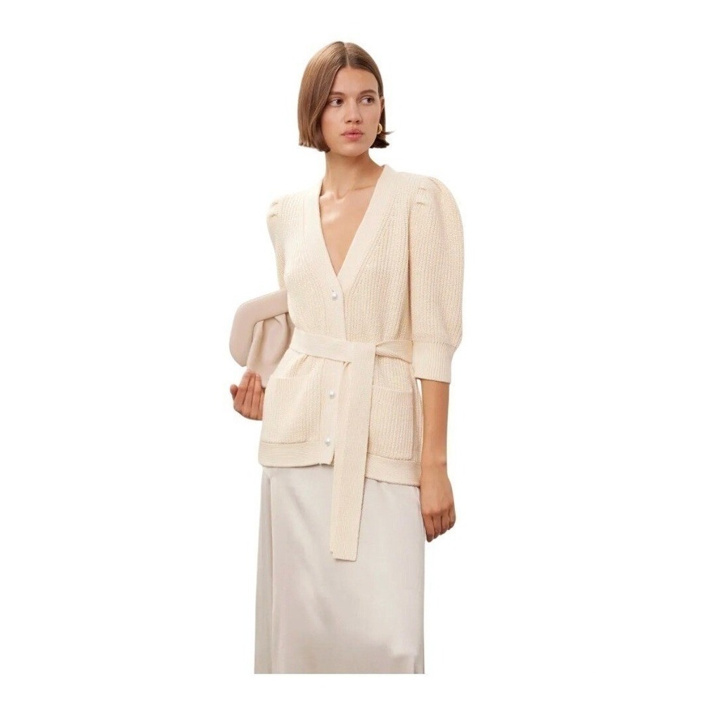Adam Lippes x RTR Tie Waist Cardigan Sweater Ivory Wool-Blend Ribbed Knit XS